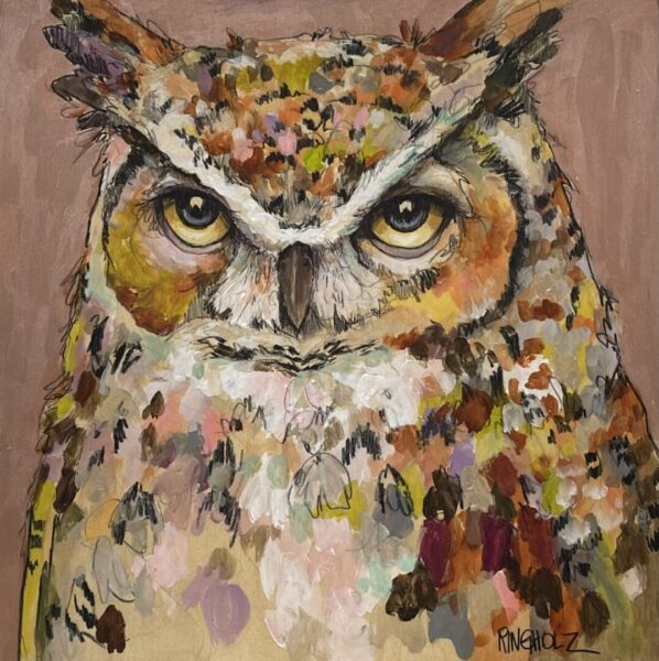 A painting of an owl on a brown background.