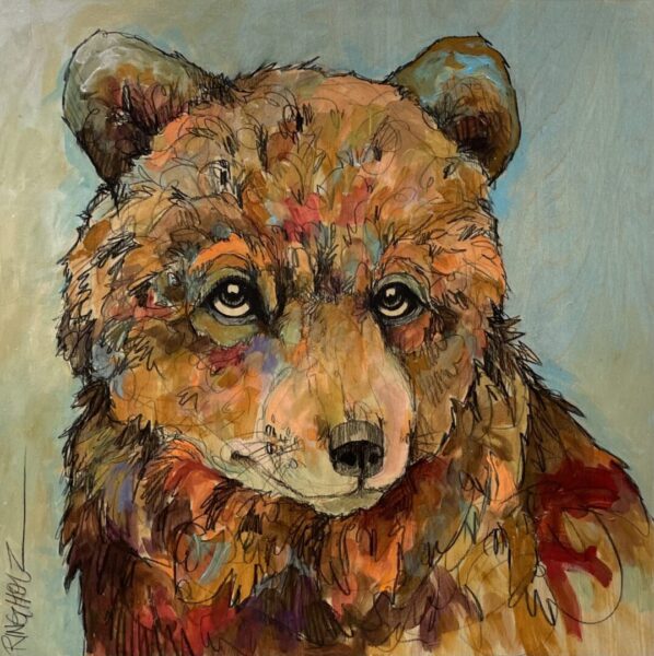 A painting of a brown bear on a blue background.