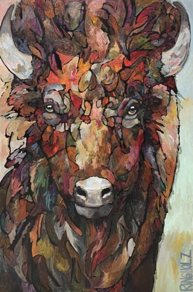A painting of a bison with colorful horns.