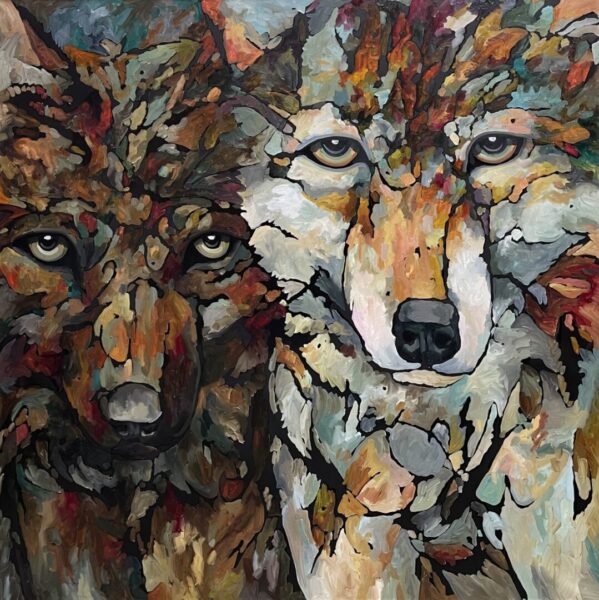 A painting of two wolves looking at each other.