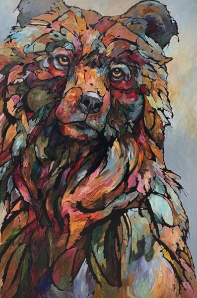 A painting of a bear with colorful hair.