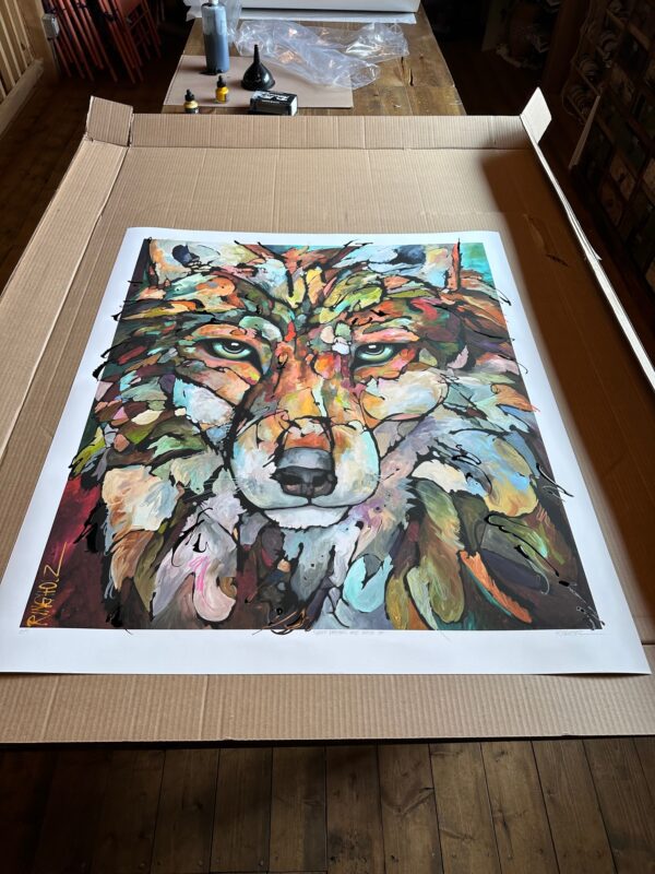 A painting of a "Song On The Wind" Limited Edition Print in a cardboard box.