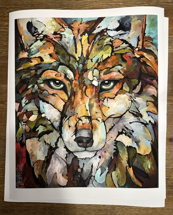 A "Song On The Wind" Limited Edition Print of a wolf on a piece of paper.