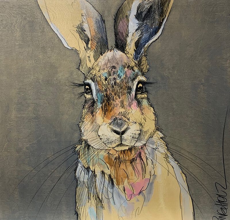 A painting of a hare on a gray background.