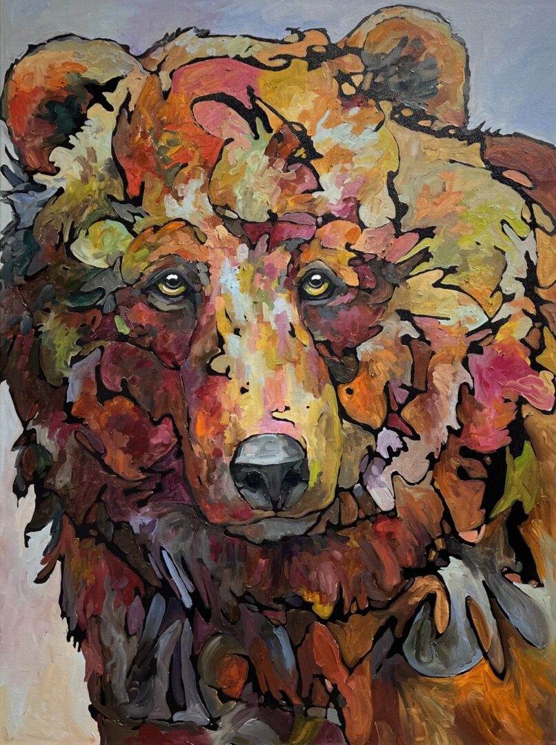 A painting of a brown bear with colorful leaves.