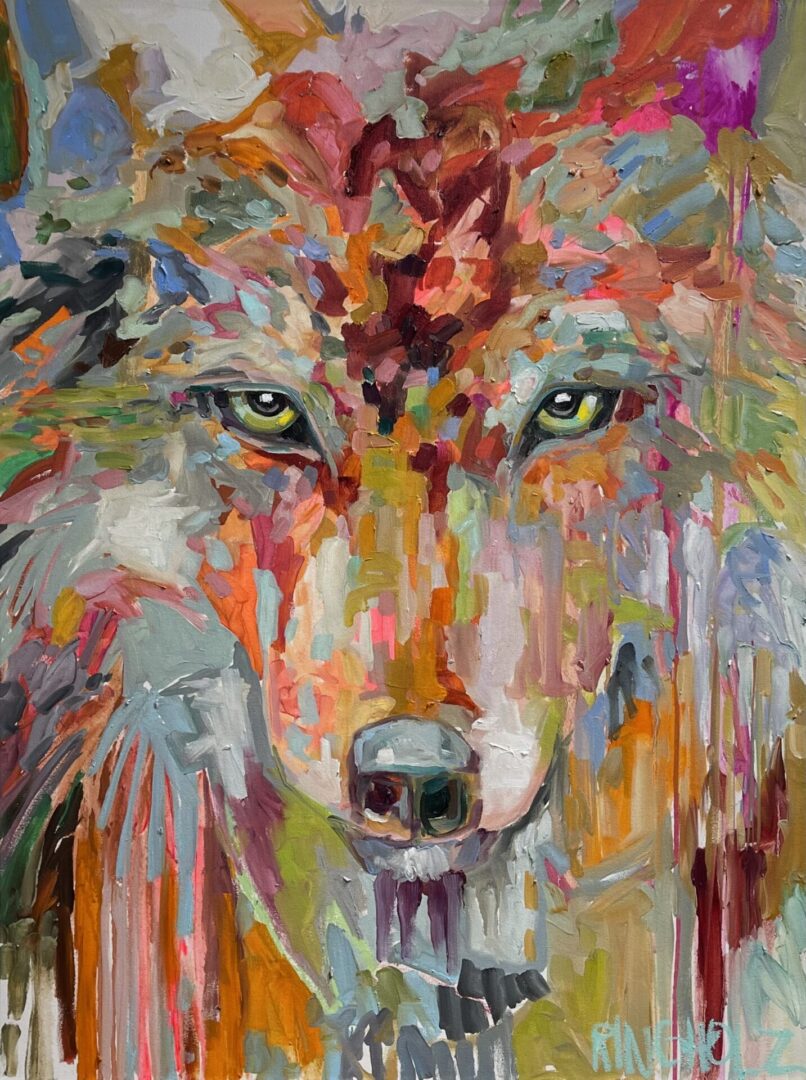 A painting of a wolf with colorful paint on it.