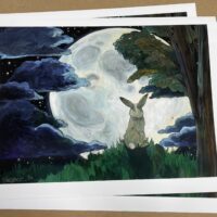A "Listen To The Moon" Limited Edition Print of a rabbit under a full moon.