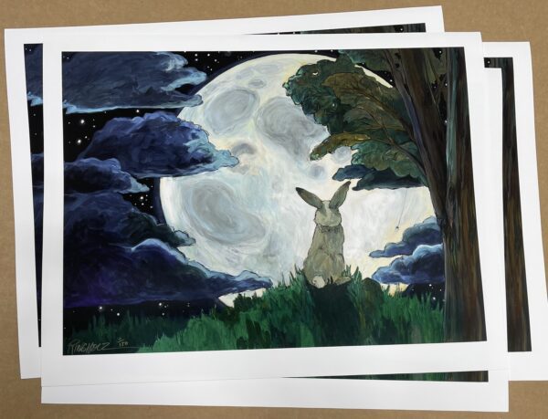 A "Listen To The Moon" Limited Edition Print of a rabbit under a full moon.