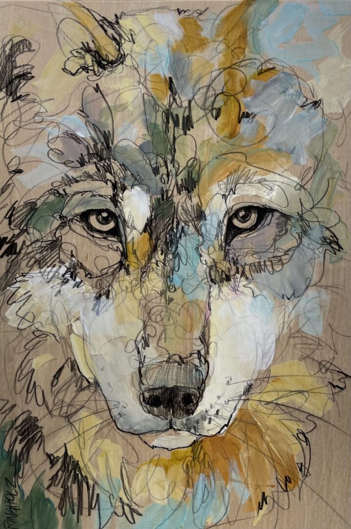 A drawing of a wolf on wood.