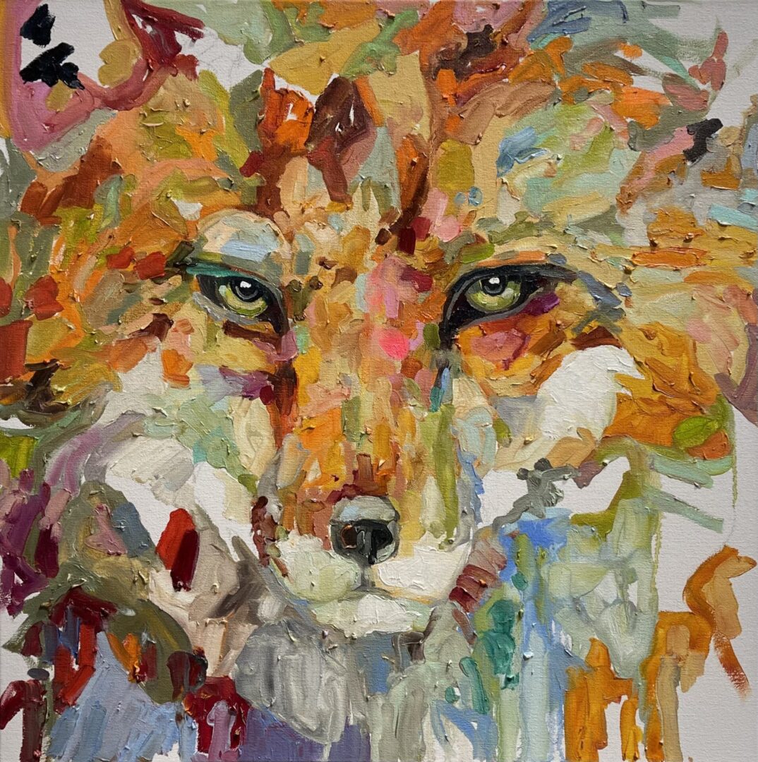 A painting of a fox with colorful eyes.
