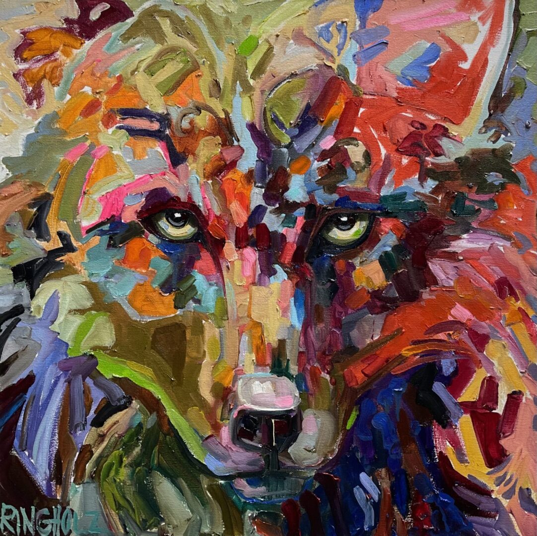 A painting of a wolf with colorful eyes.