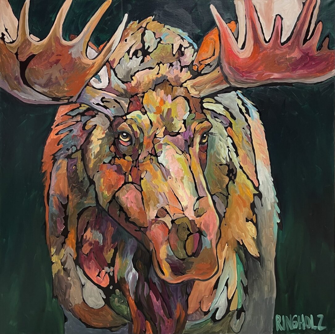 Colorful moose portrait painting with expressive brushstrokes against a dark background.