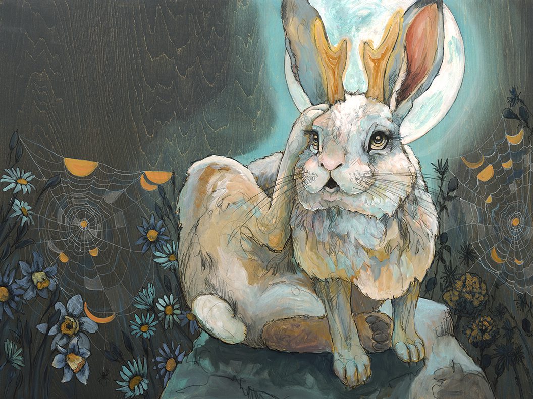 A painting of a white rabbit in front of a full moon.