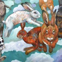 A painting of a group of rabbits flying in the sky.