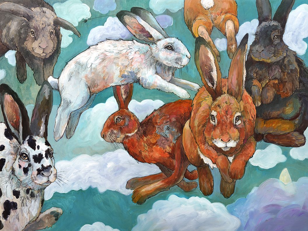 A painting of a group of rabbits flying in the sky.
