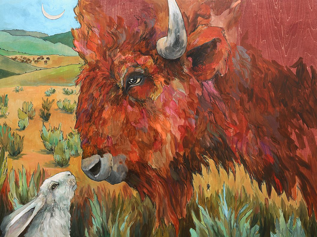 A painting of a bison and a rabbit.