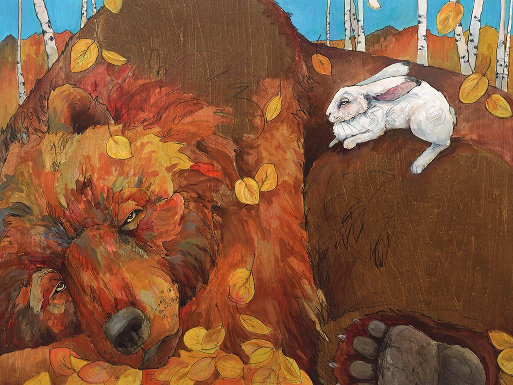 A painting of a bear and a rabbit.