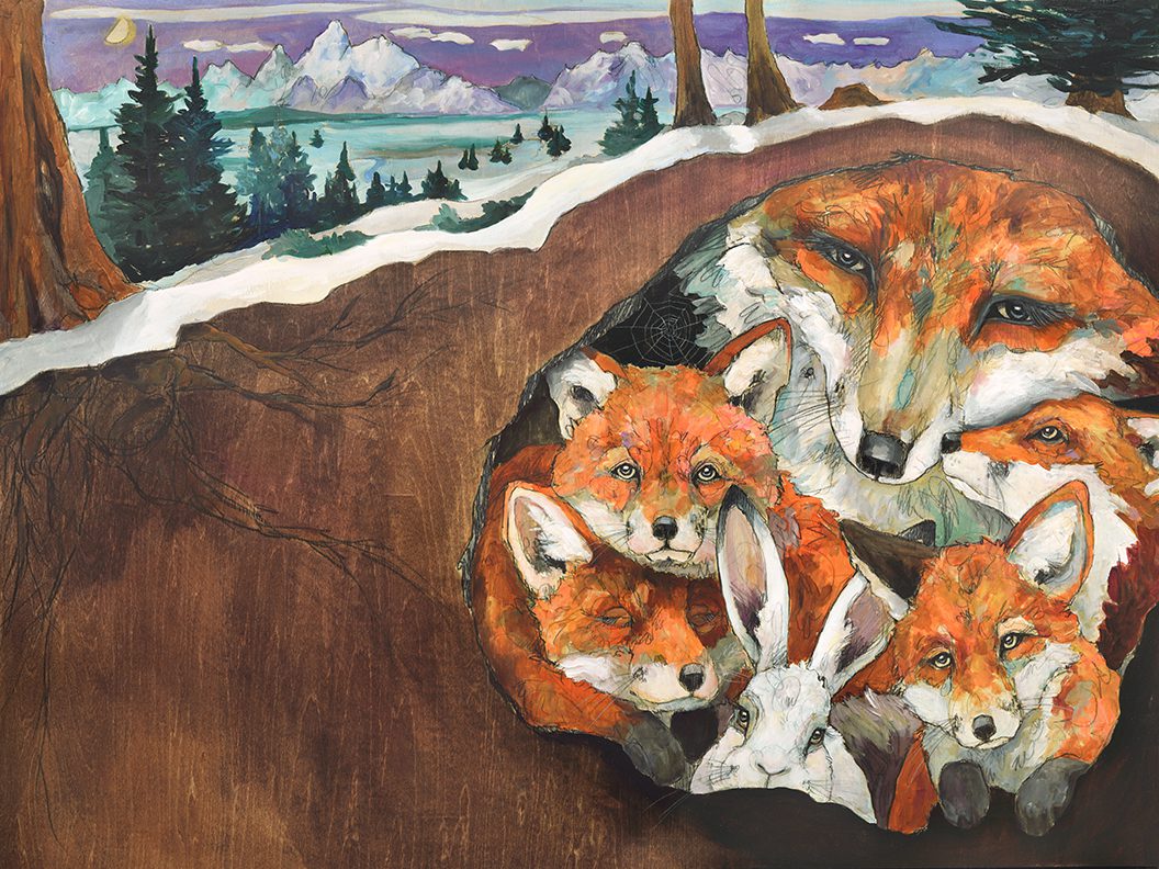 A painting of a group of foxes in a hole.