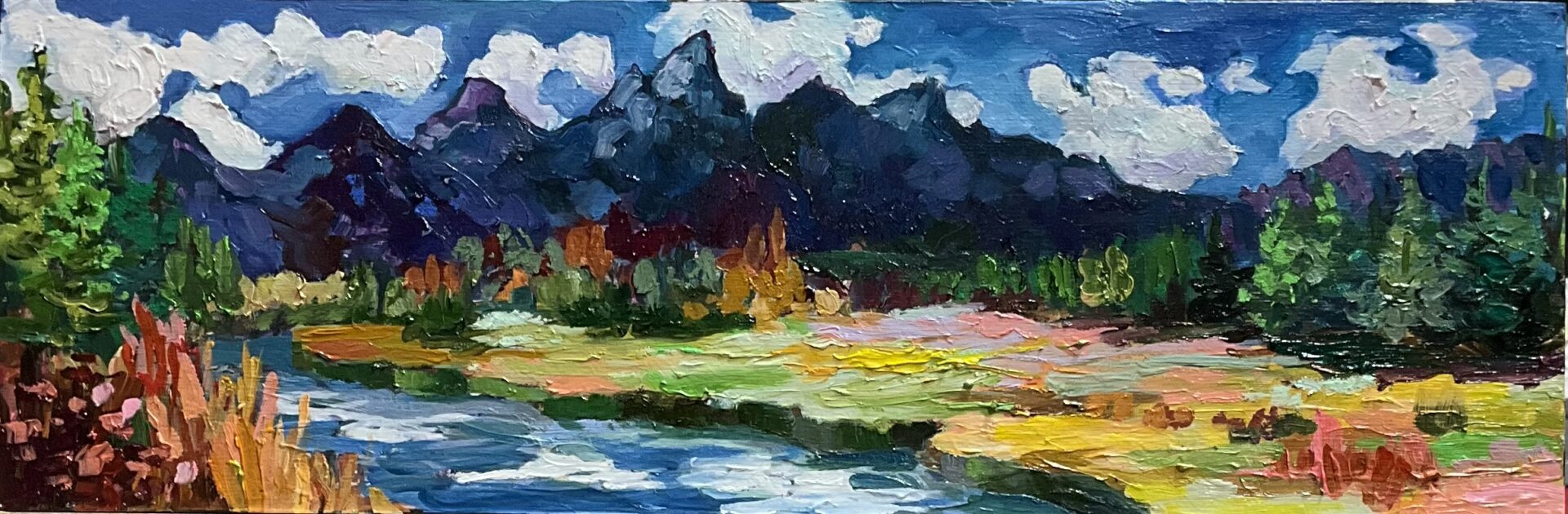 Oil painting of a mountain landscape.