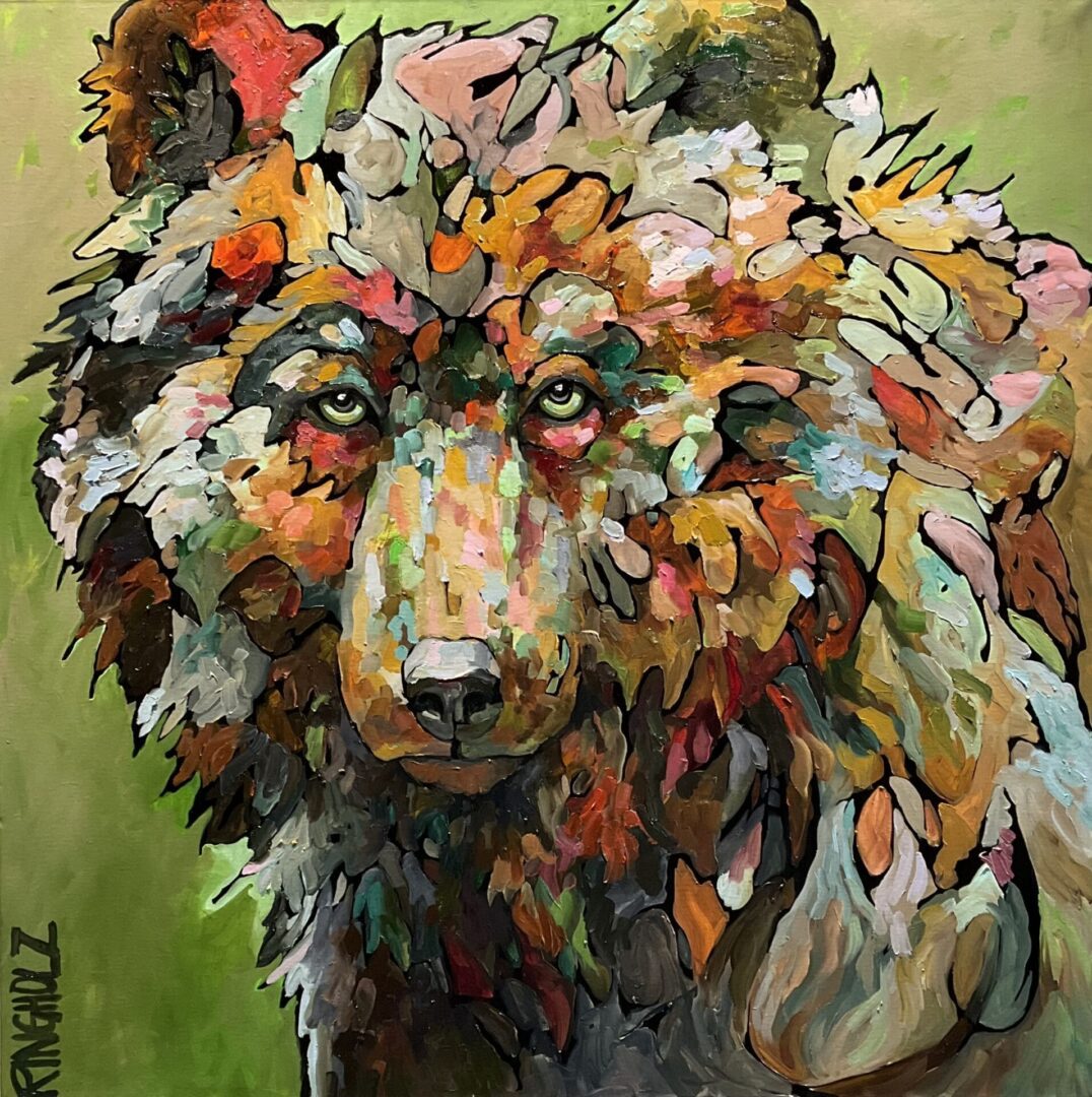 Abstract painting of a bear's head.