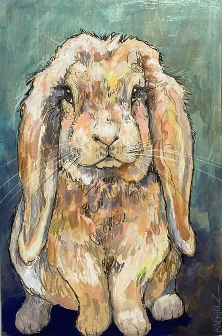 A painting of a lop-eared rabbit.