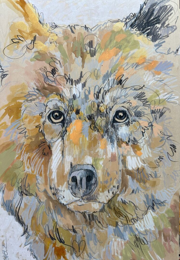 A colorful abstract painting of a wolf's face.