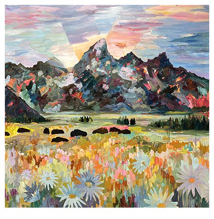 Mountain sunrise with wildflowers painting.