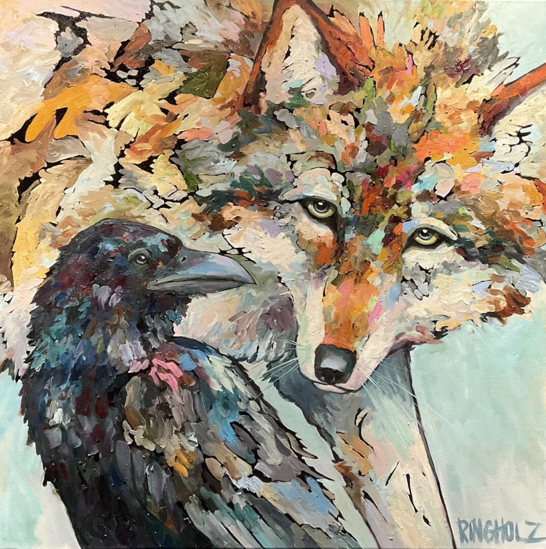 Wolf and raven in a close-up painting.